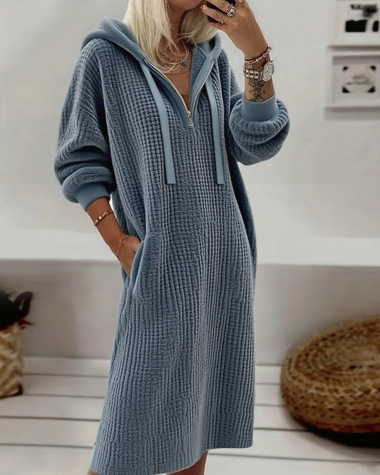 Newport Reserve I Casual Hooded Honeycomb Knit Fleece Dress