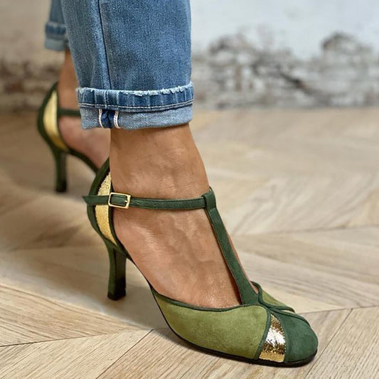 Alona™ | Elegant patchwork court shoes with T-bar and closed toe for a refined style