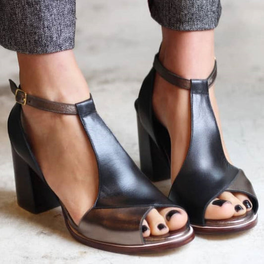 Anyao™ Elegant Heeled Sandals with Open Toe in Black Patchwork – Perfect for Any Occasion