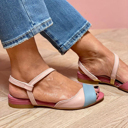 Ellela™ | Elegant pink asymmetric sandals with colour block details