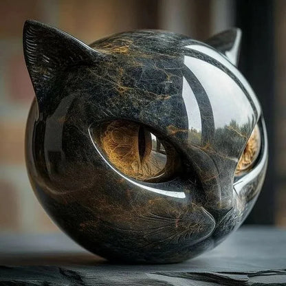 Mystical Black Cat Head Sculpture with Glossy Marble Finish
