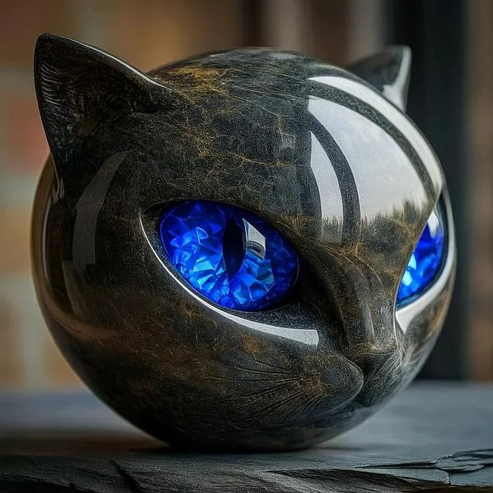 Mystical Black Cat Head Sculpture with Glossy Marble Finish