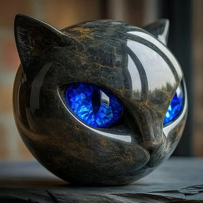 Mystical Black Cat Head Sculpture with Glossy Marble Finish