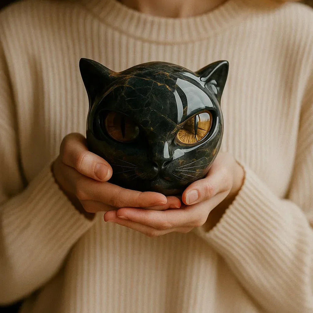 Mystical Black Cat Head Sculpture with Glossy Marble Finish