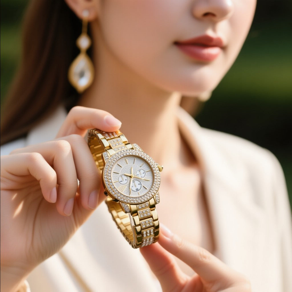 Women's quartz watch & Gold Jewellery Set